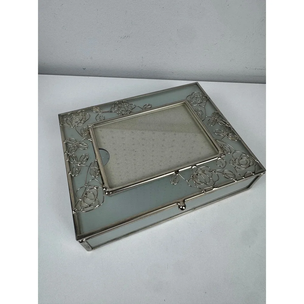 Vtg Frosted Glass Trinket Box Silver Rose Filigree Picture Frame Jewelry